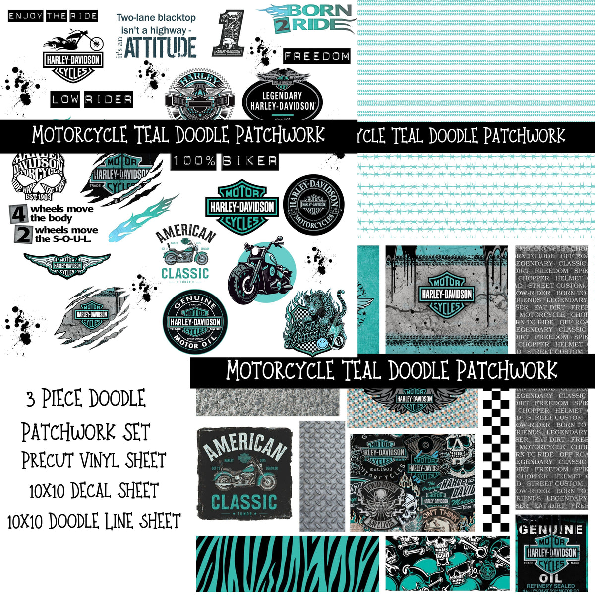 Motorcycle Teal UV DTF Doodle Patchwork Set