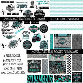 Motorcycle Teal UV DTF Doodle Patchwork Set