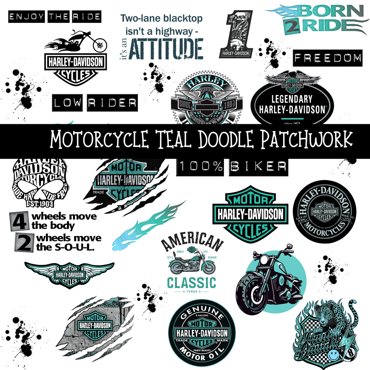 Motorcycle Teal UV DTF Doodle Patchwork Set