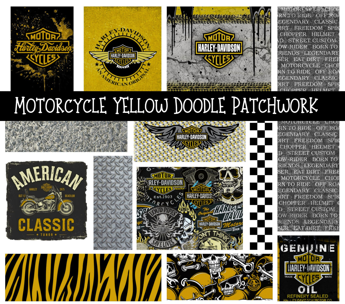 Motorcycle Yellow UV DTF Doodle Patchwork Set