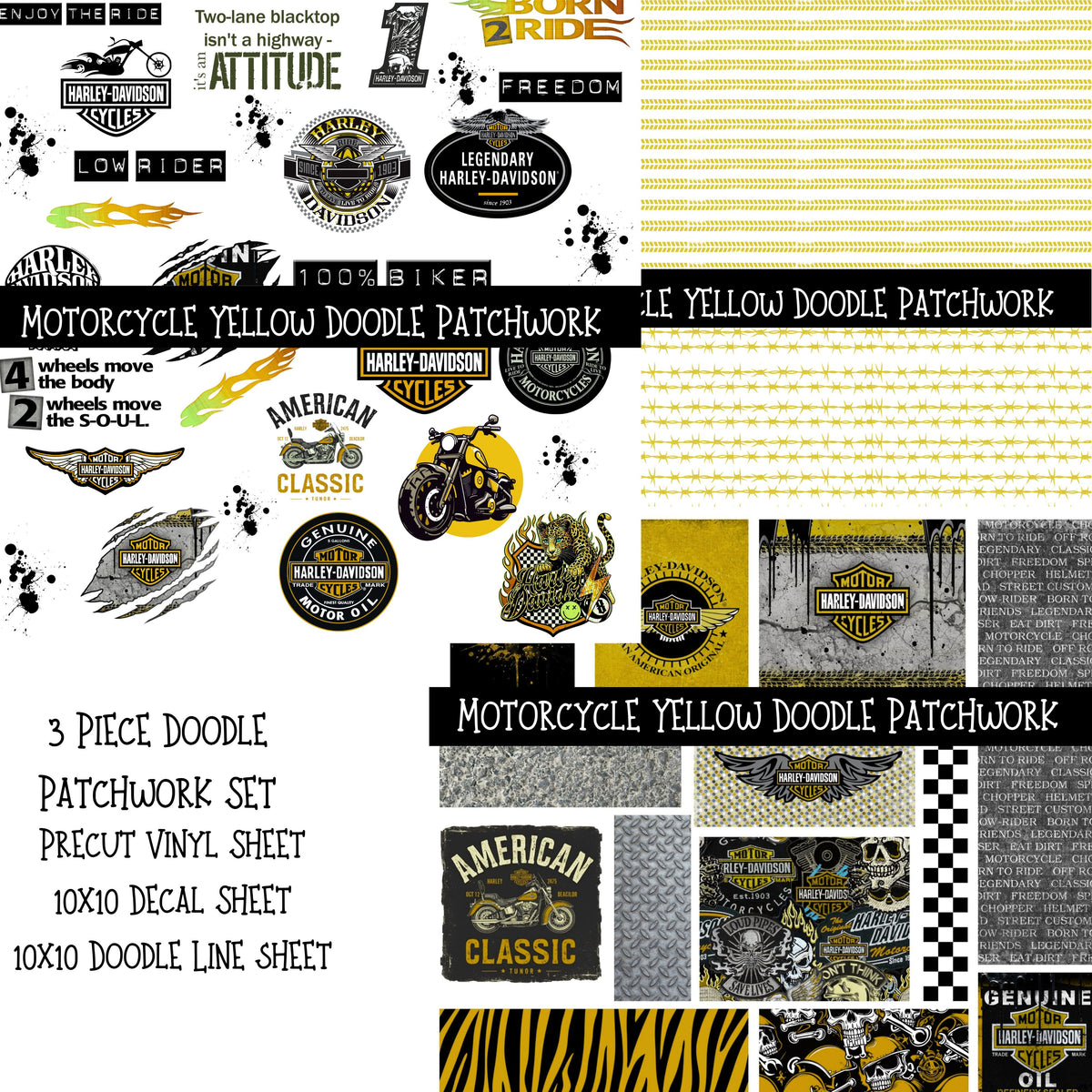 Motorcycle Yellow UV DTF Doodle Patchwork Set