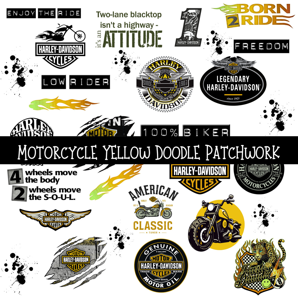 Motorcycle Yellow UV DTF Doodle Patchwork Set