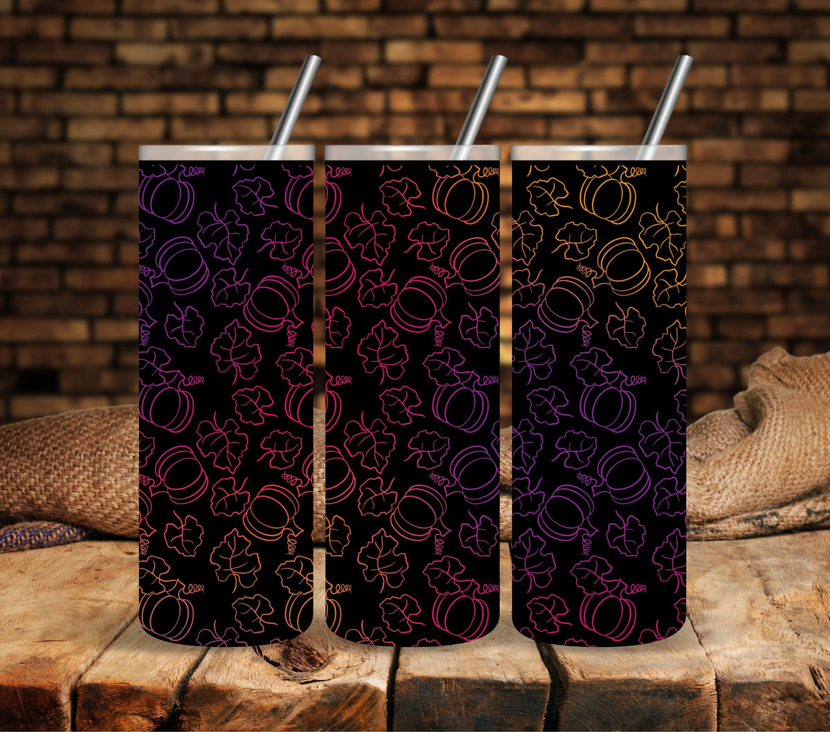 Pumpkin Leaves Pattern Neon UV DTF tumbler wraps