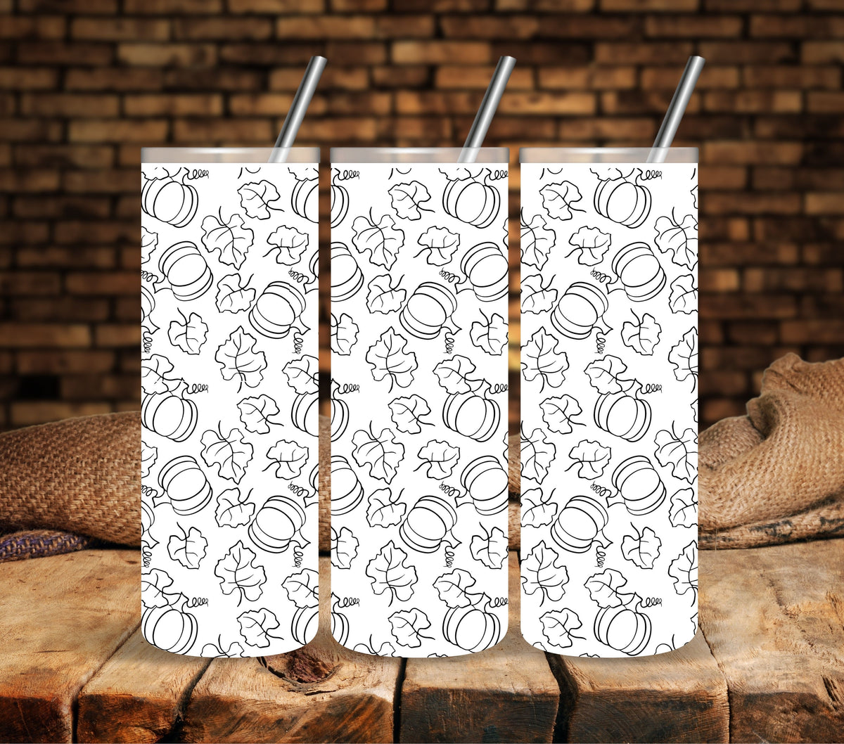 Pumpkin Leaves Pattern Black UV DTF tumbler wraps