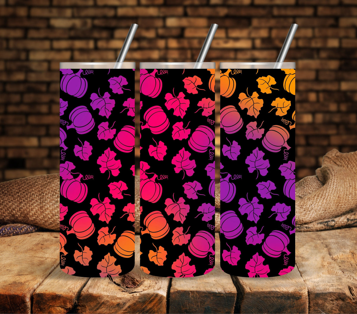 Neon Pumpkins Pattern UV DTF tumbler wraps