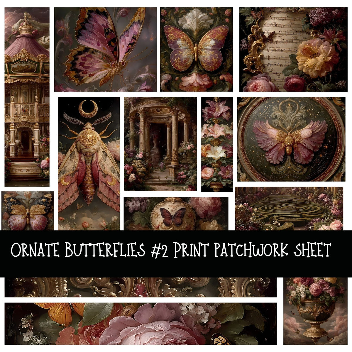 Ornate Butterflies Print Patchwork precut vinyl sheet available in 12x12 or 6x6 sizes