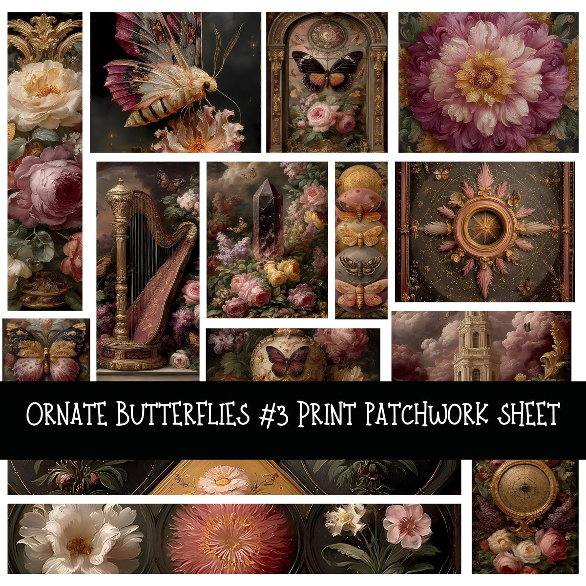Ornate Butterflies Print Patchwork precut vinyl sheet available in 12x12 or 6x6 sizes
