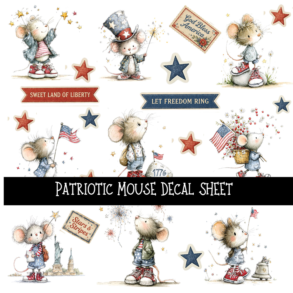 Patriotic Mouse UV DTF Decal sheets