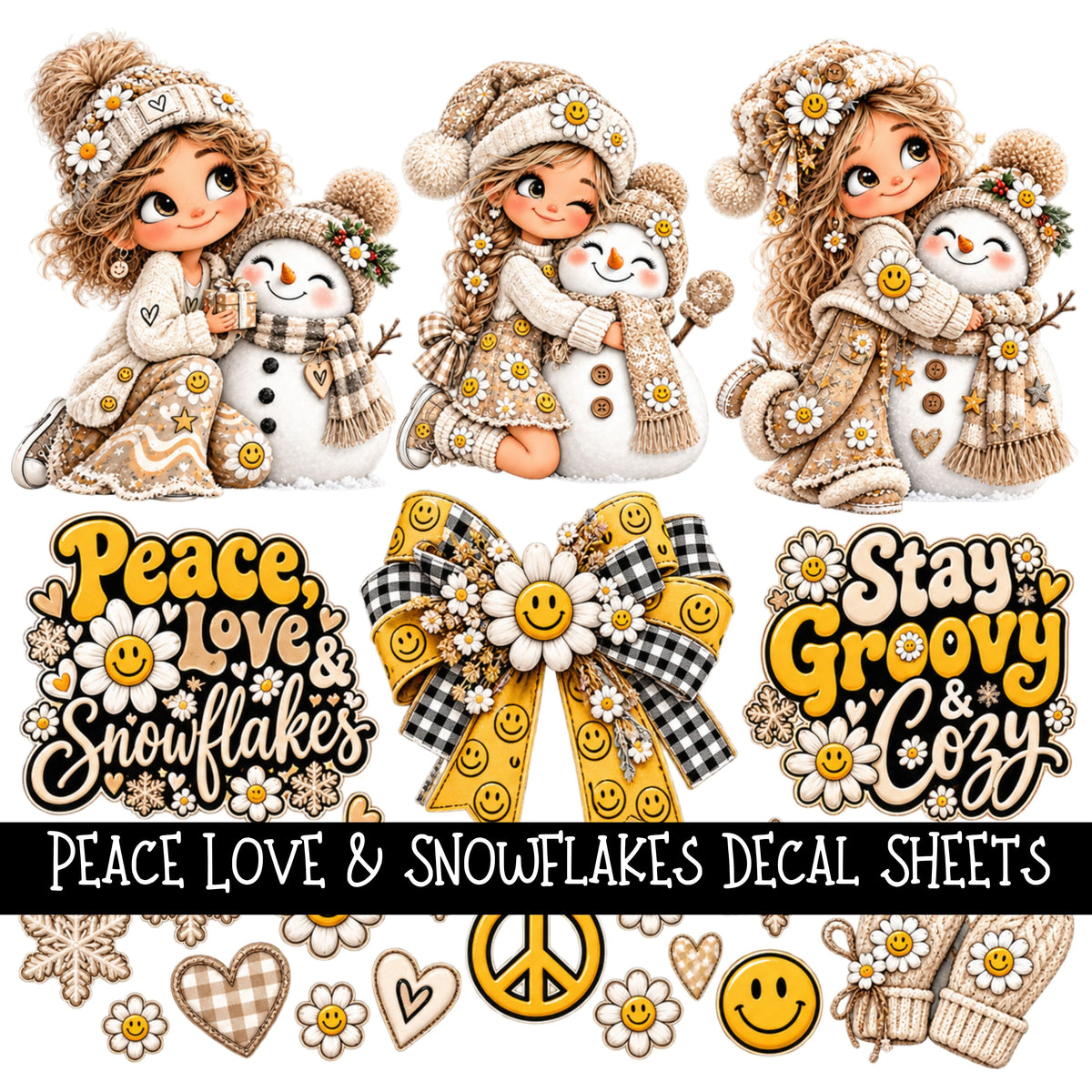 Peace Love & Snowflakes UV DTF Decal sheets