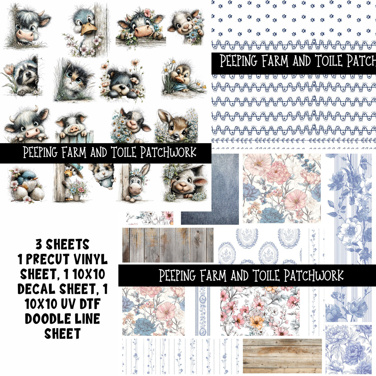 Peeping Farm and Toile Doodle Patchwork Set