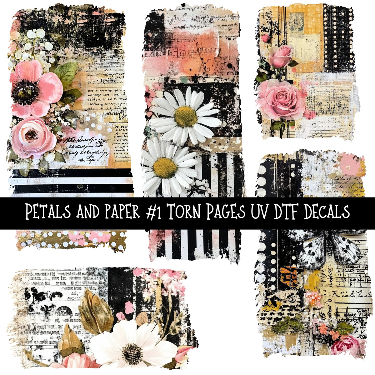Petals and Paper Torn Pages UV DTF Decal sheets 5 designs available