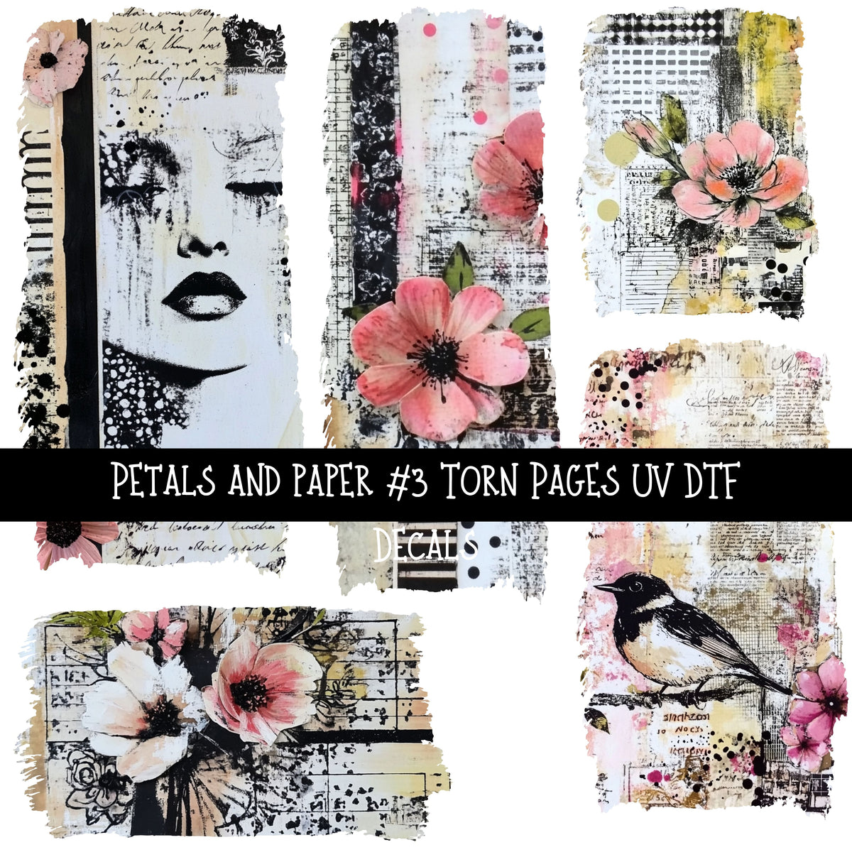 Petals and Paper Torn Pages UV DTF Decal sheets 5 designs available