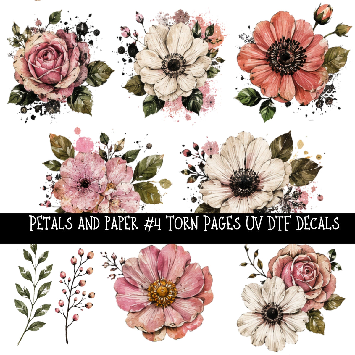 Petals and Paper Torn Pages UV DTF Decal sheets 5 designs available