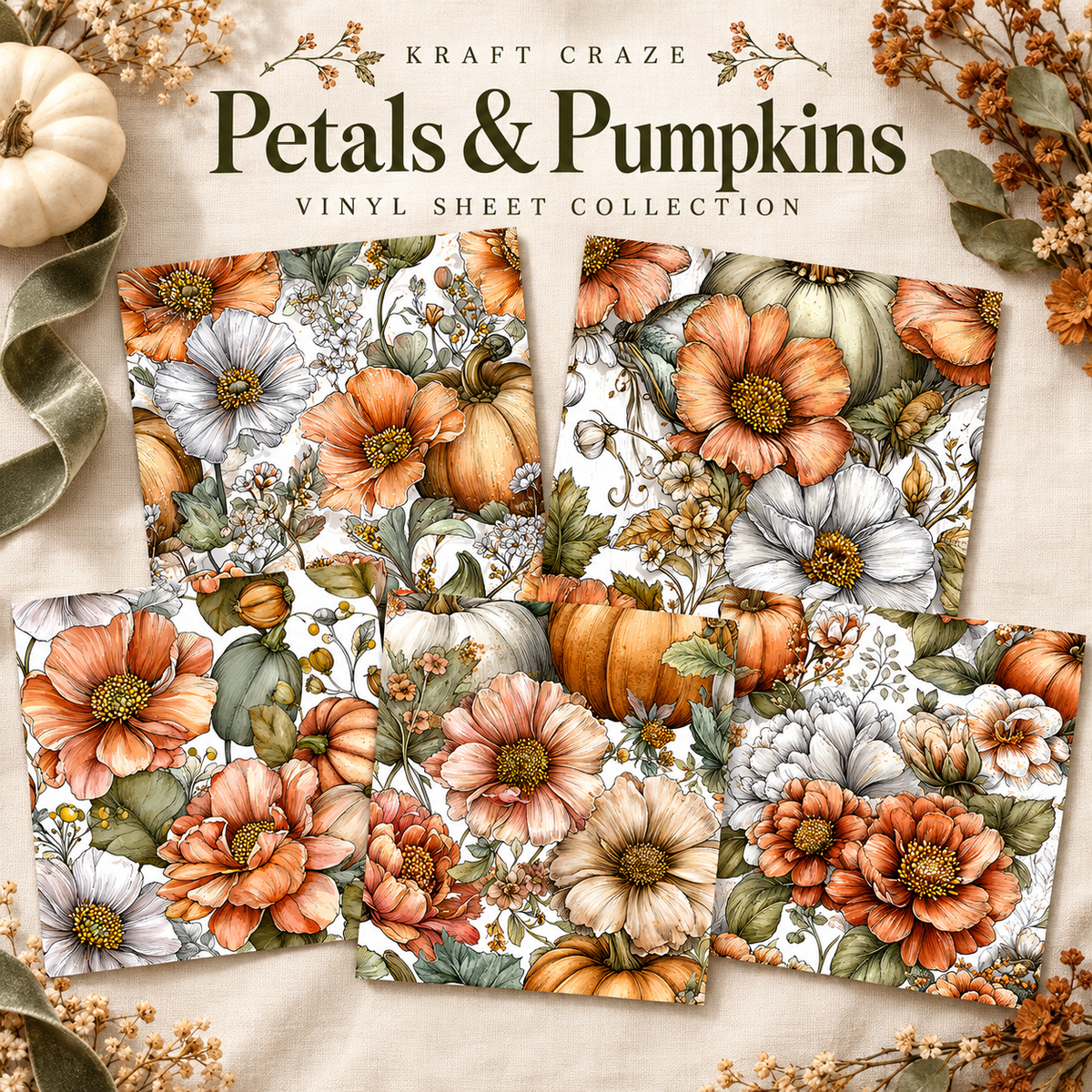 Petals and Pumpkins collection- 2 sizes vinyl sheets-10 designs available