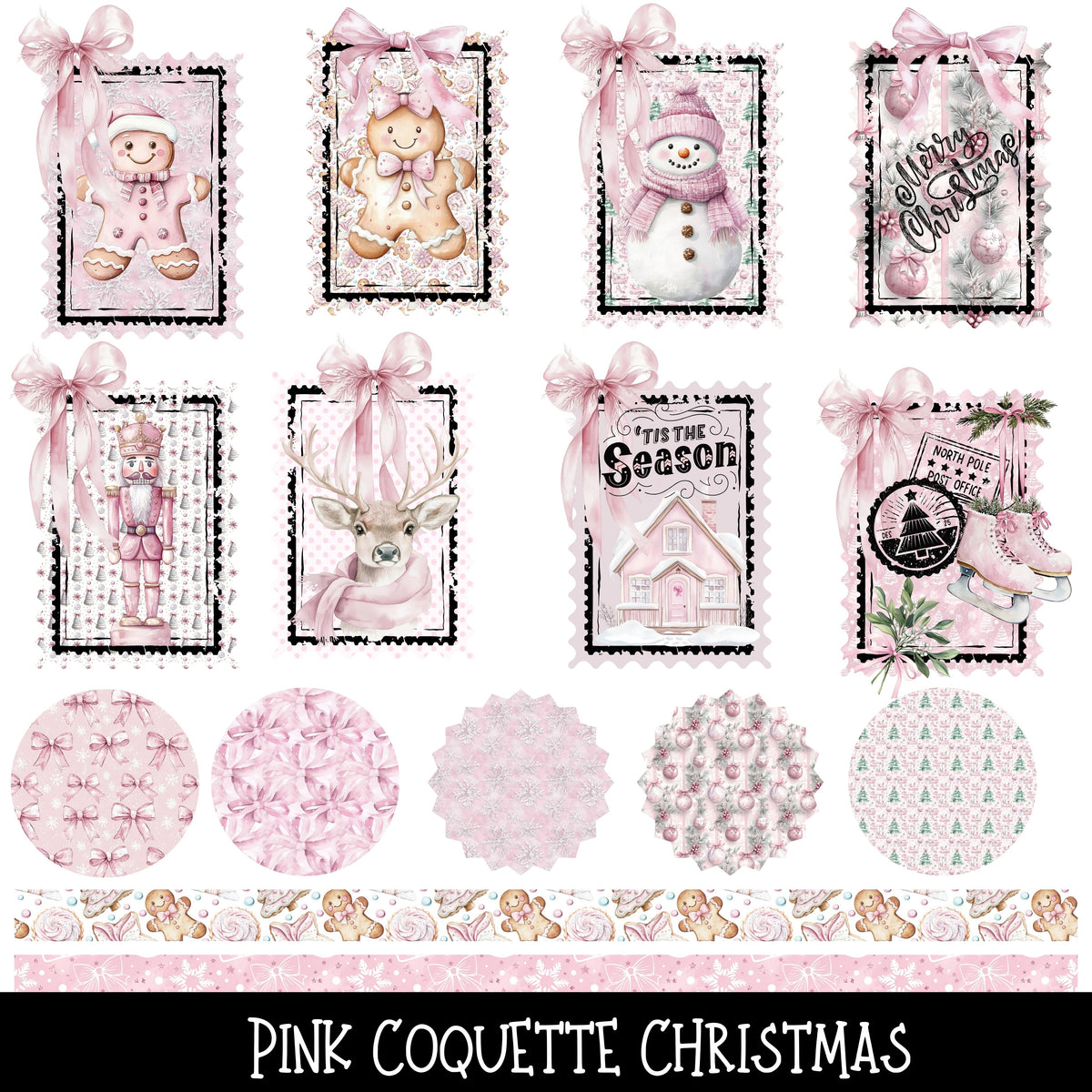 Pink Coquette Christmas Stamps, Strips and Tumbler Butts UV DTF Decal Sheet