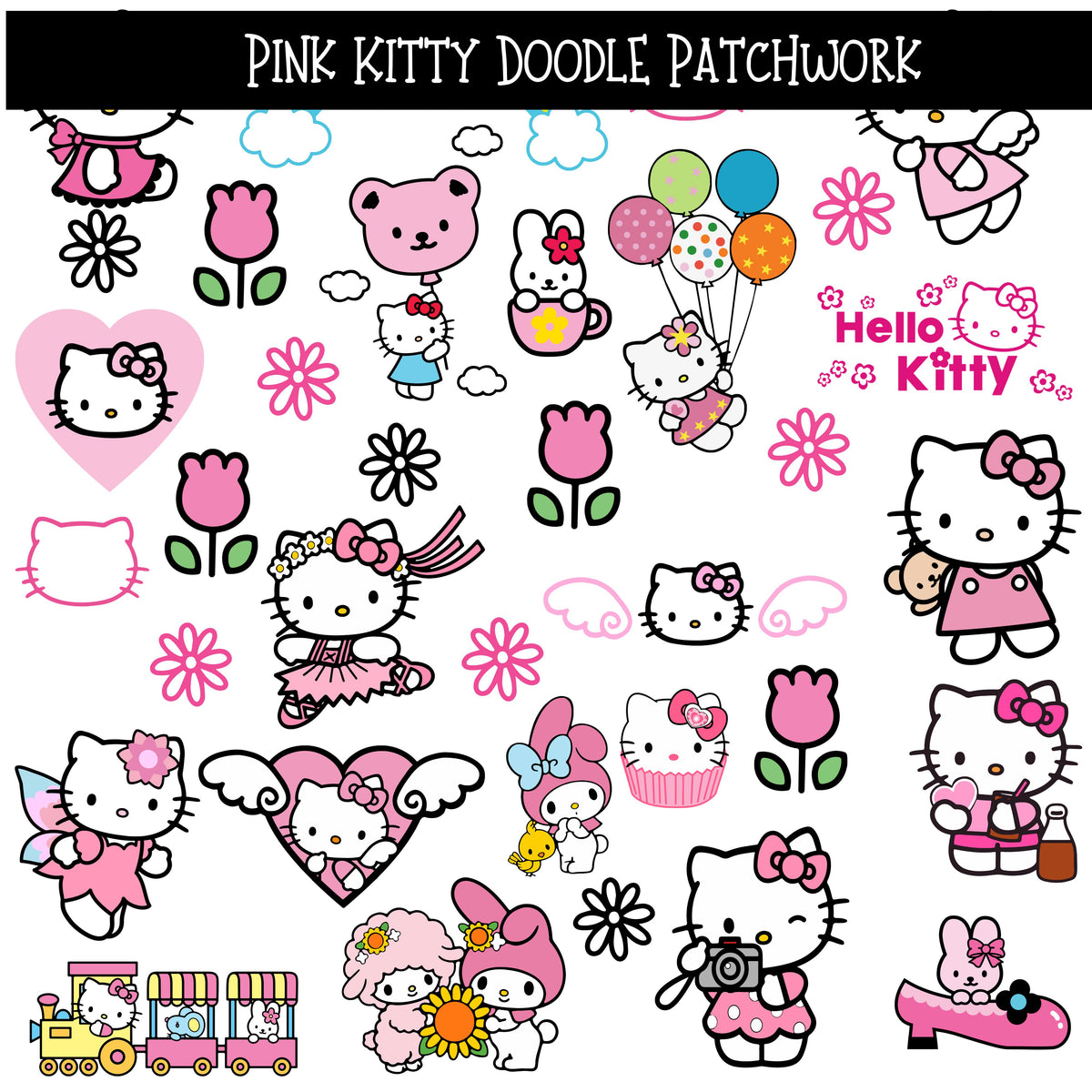 Pink Kitty Doodle Patchwork Set