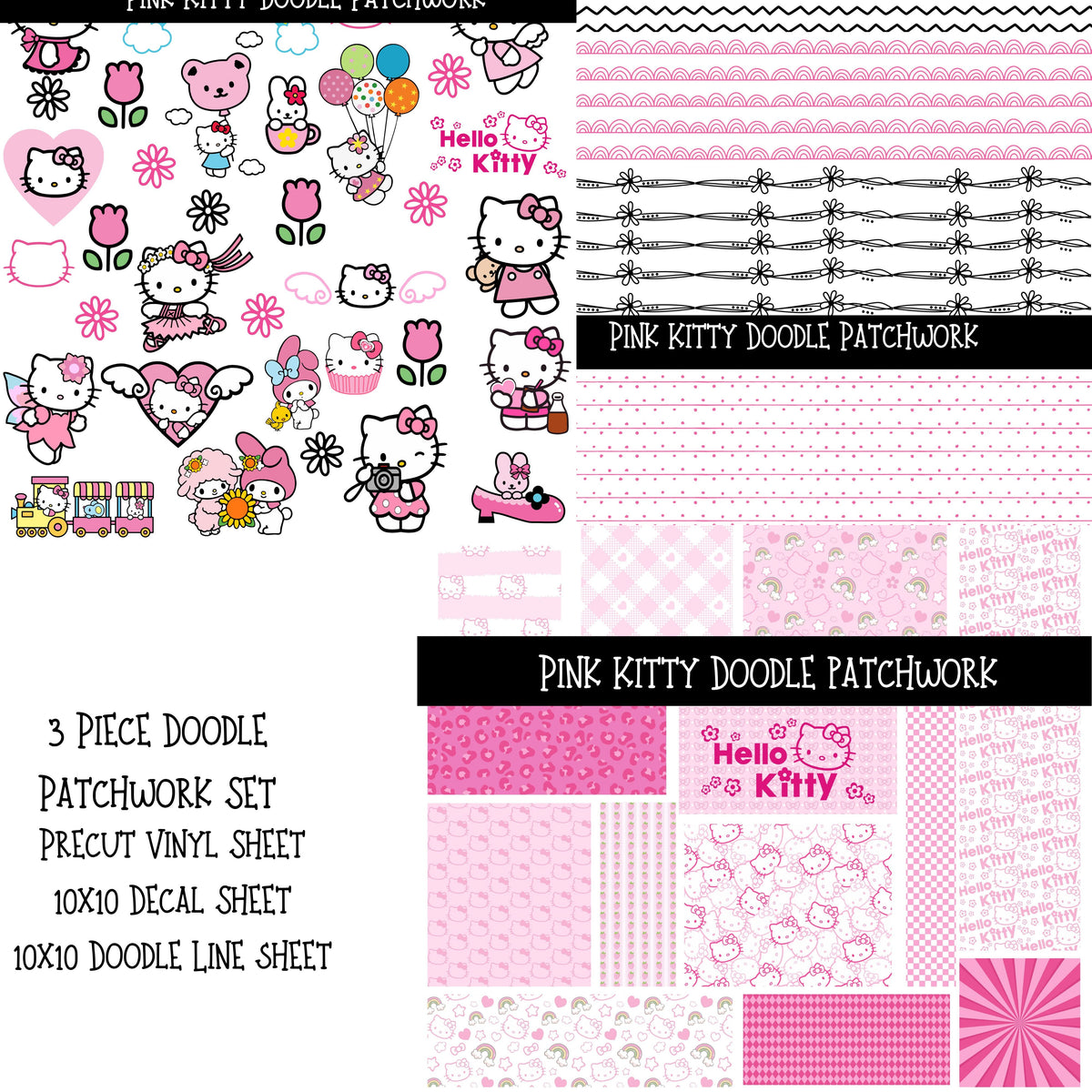 Pink Kitty Doodle Patchwork Set