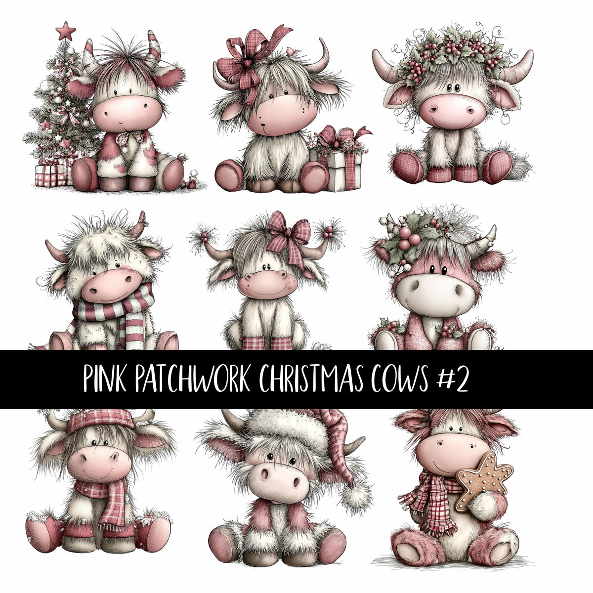 Pink Patchwork Cows Christmas UV Decal sheets 3 to choose from