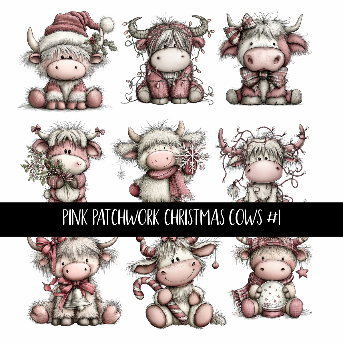 Pink Patchwork Cows Christmas UV Decal sheets 3 to choose from