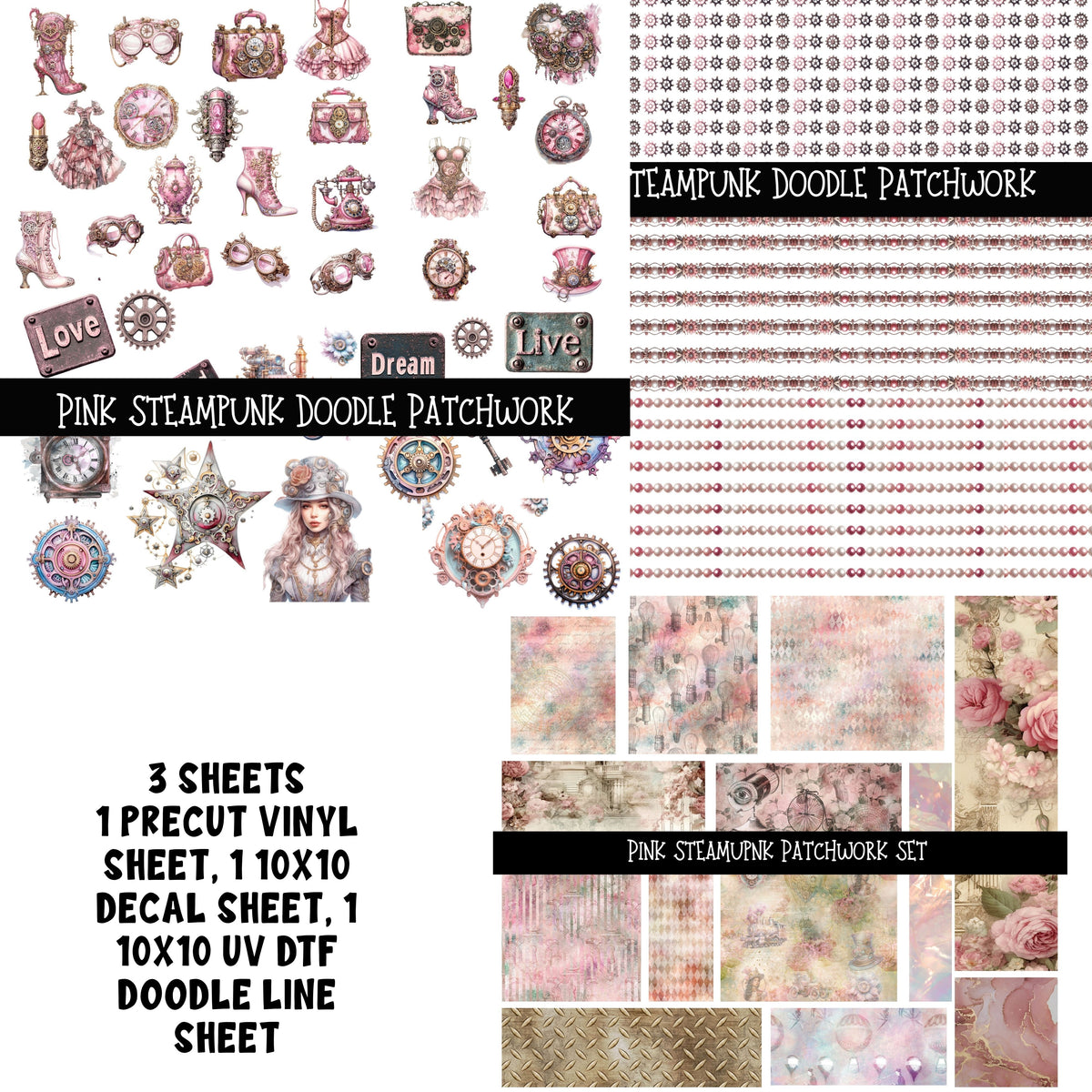 Pink Steampunk Doodle Patchwork Set