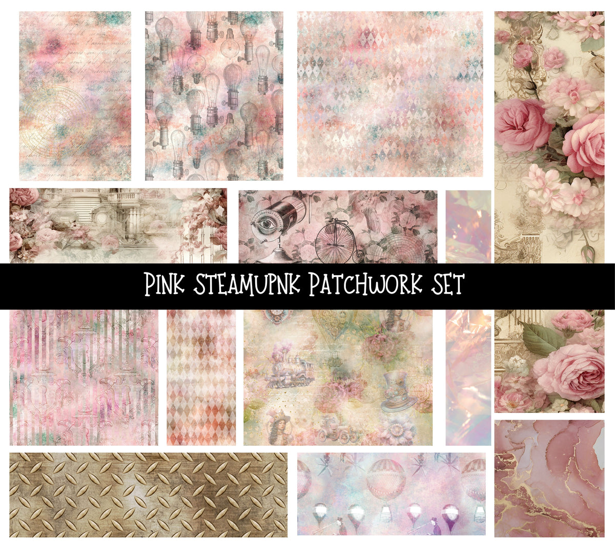 Pink Steampunk Doodle Patchwork Set