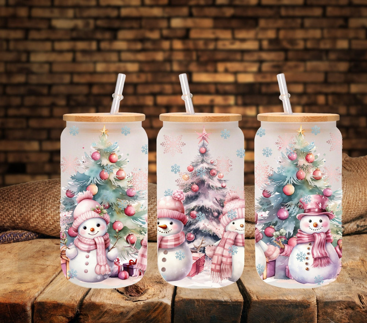 Pink Snowmen 16oz UV DTF Libbey wrap