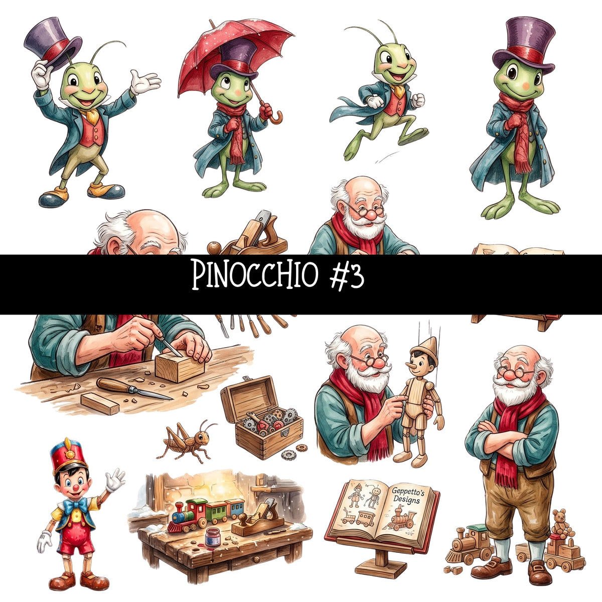 Pinocchio Torn Pages UV DTF Decal sheets 5 Designs available