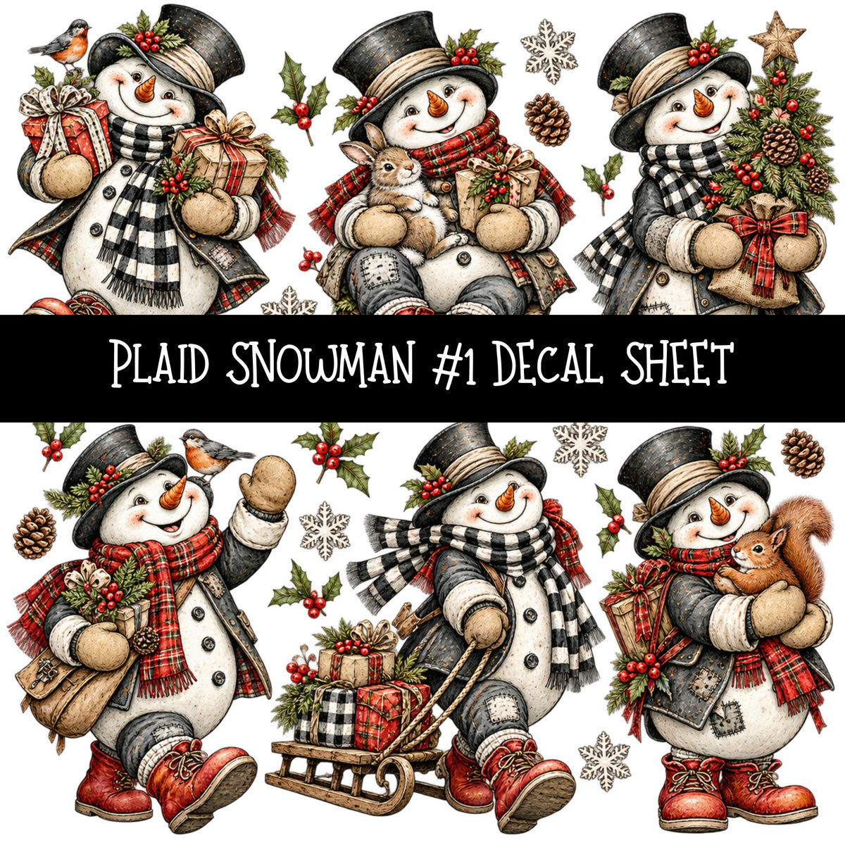 Plaid Snowmen UV DTF Decal sheets 12 Designs available