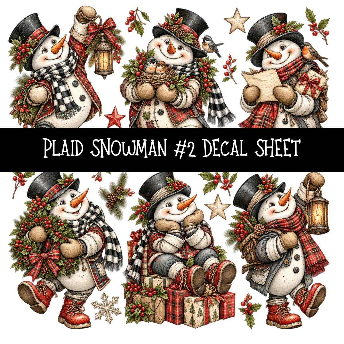 Plaid Snowmen UV DTF Decal sheets 12 Designs available