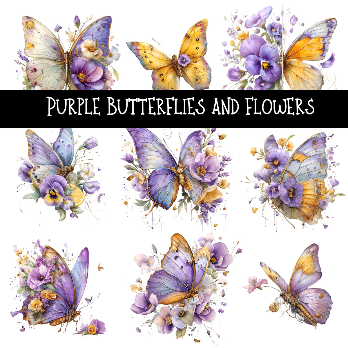 Purple butterflies and flowers UV DTF Decal sheet