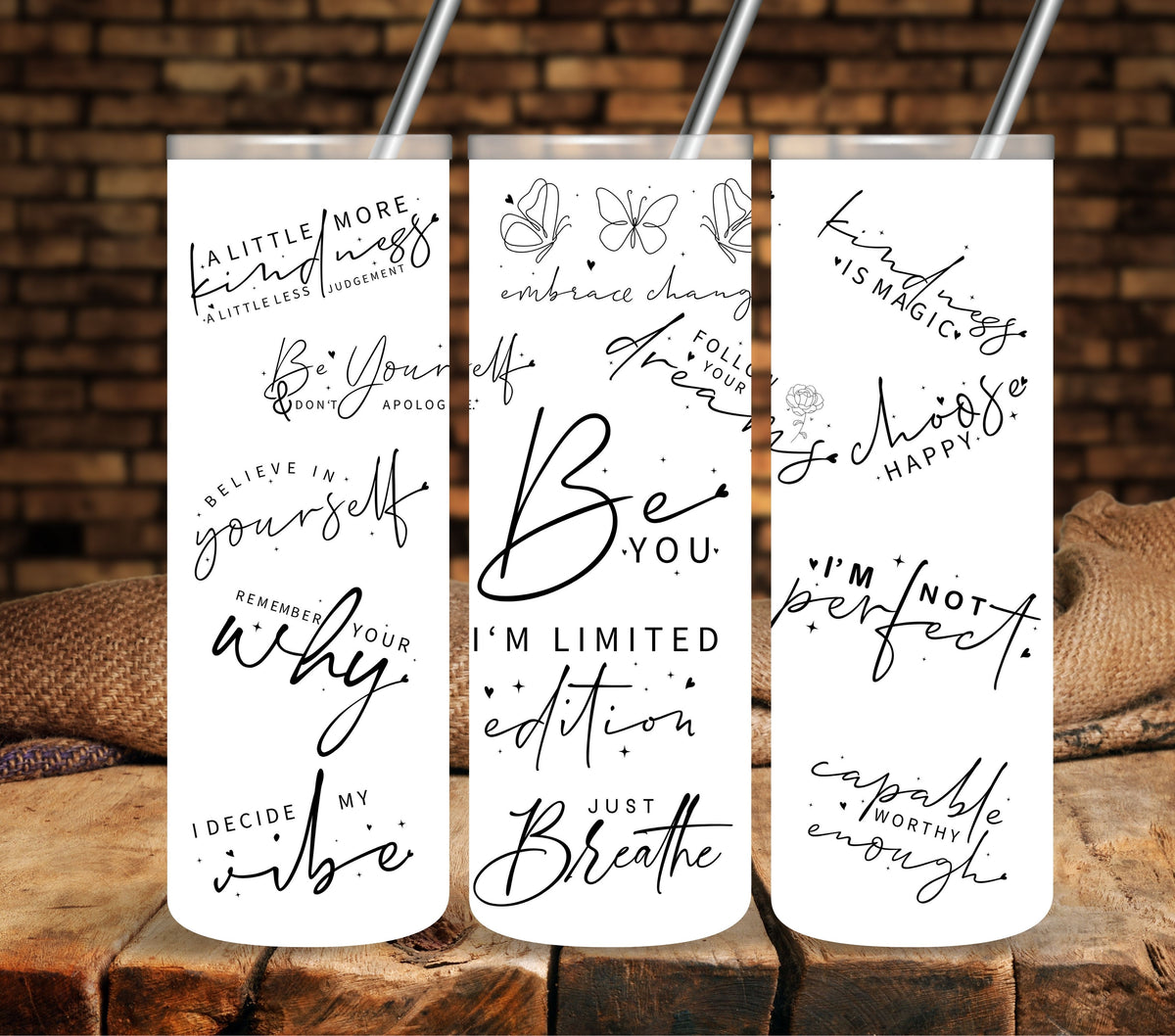 Motivational Black lettering UV DTF tumbler wraps 20oz skinny