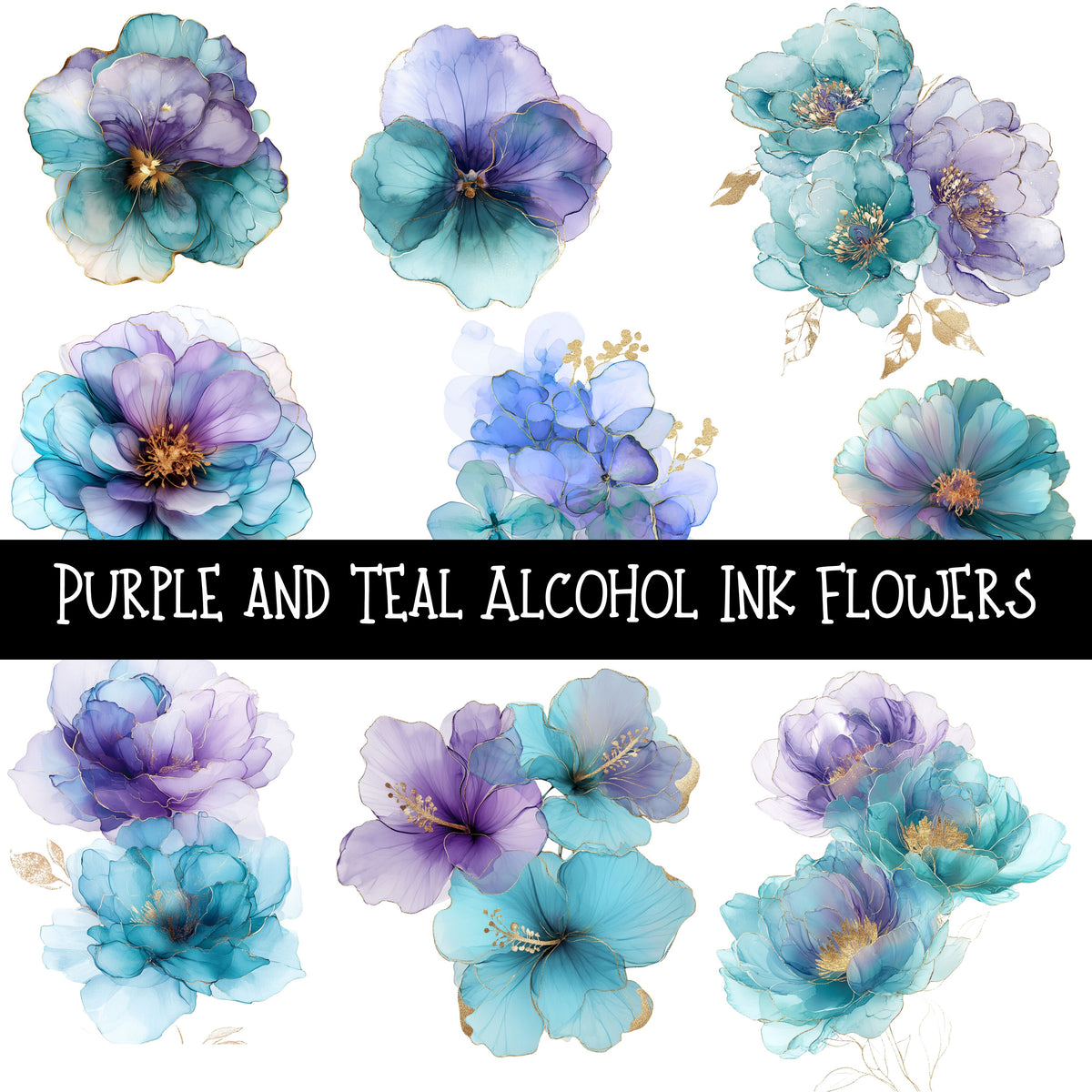 Purple and Teal Alcohol Ink Flowers UV DTF Decal sheets