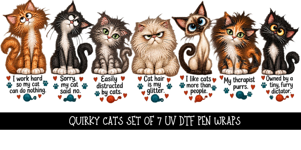 Quirky Cats Bookmark UV DTF Decal sheet- set of 7 Designs