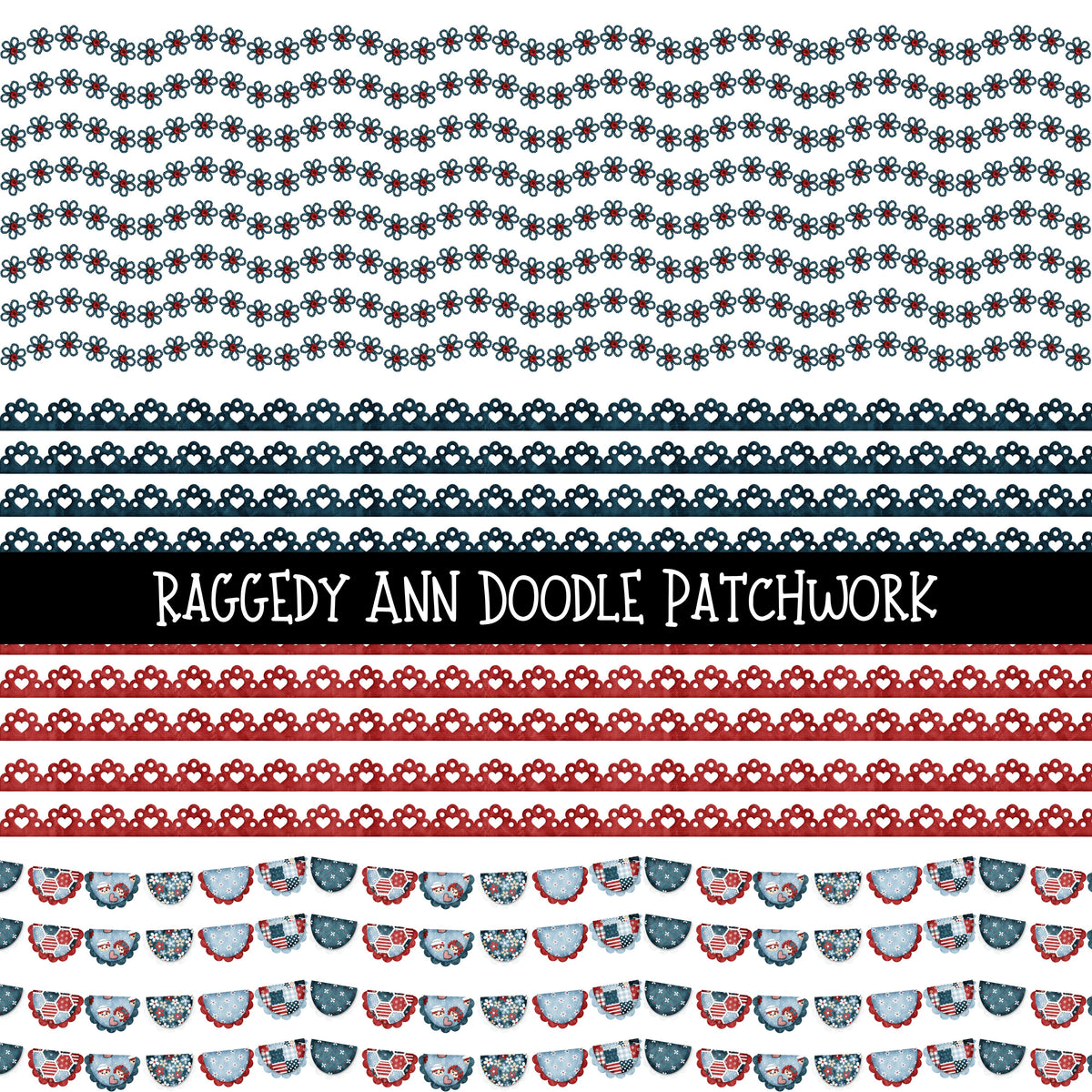 Raggedy Ann UV DTF Doodle Patchwork Set