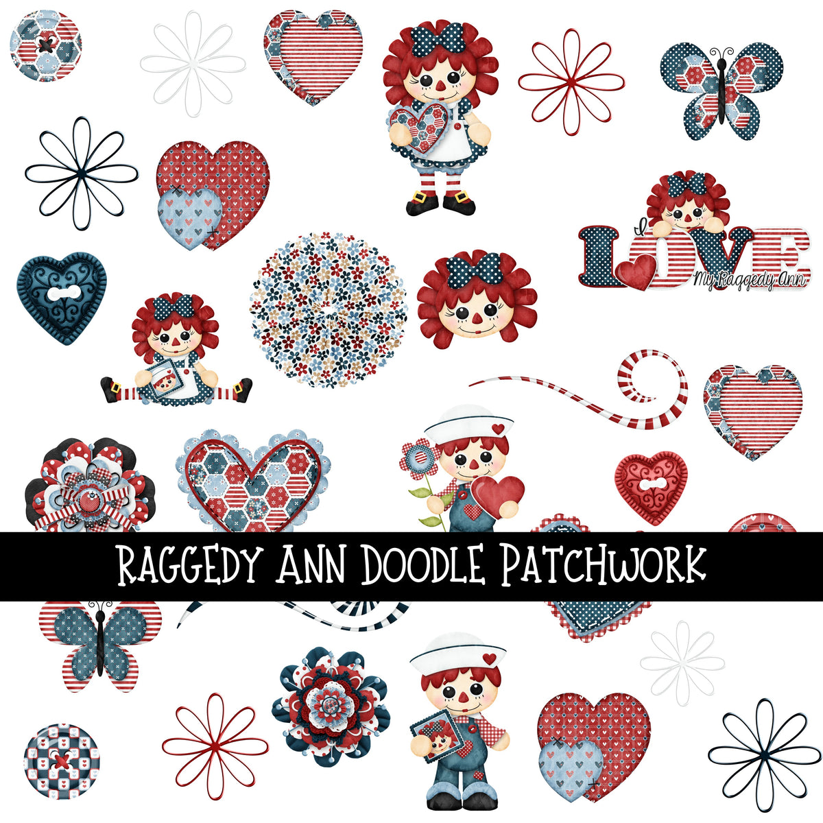 Raggedy Ann UV DTF Doodle Patchwork Set