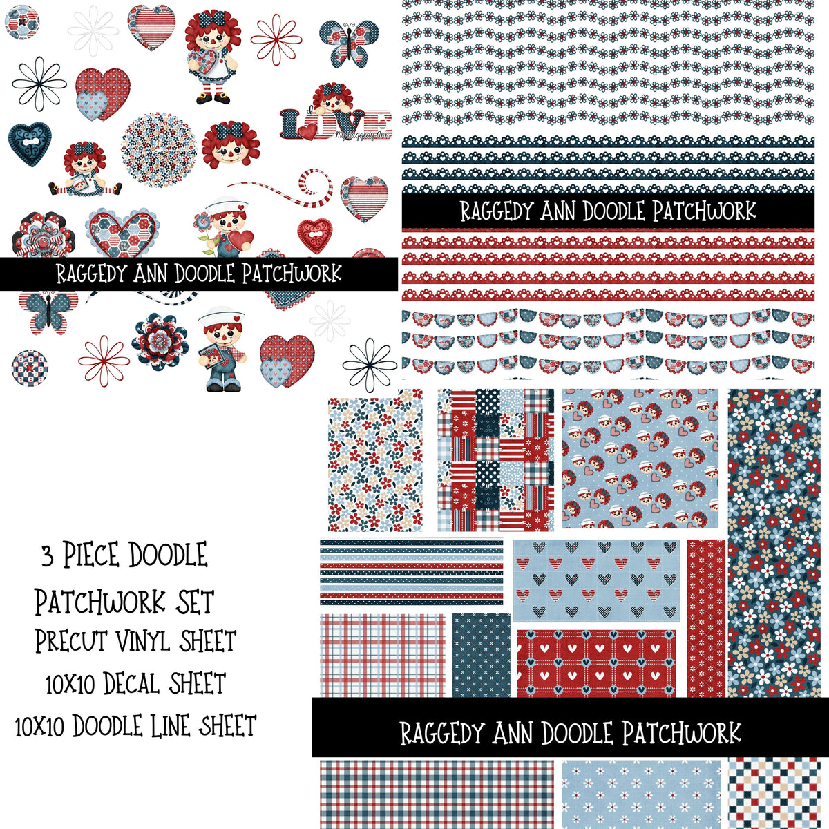 Raggedy Ann UV DTF Doodle Patchwork Set
