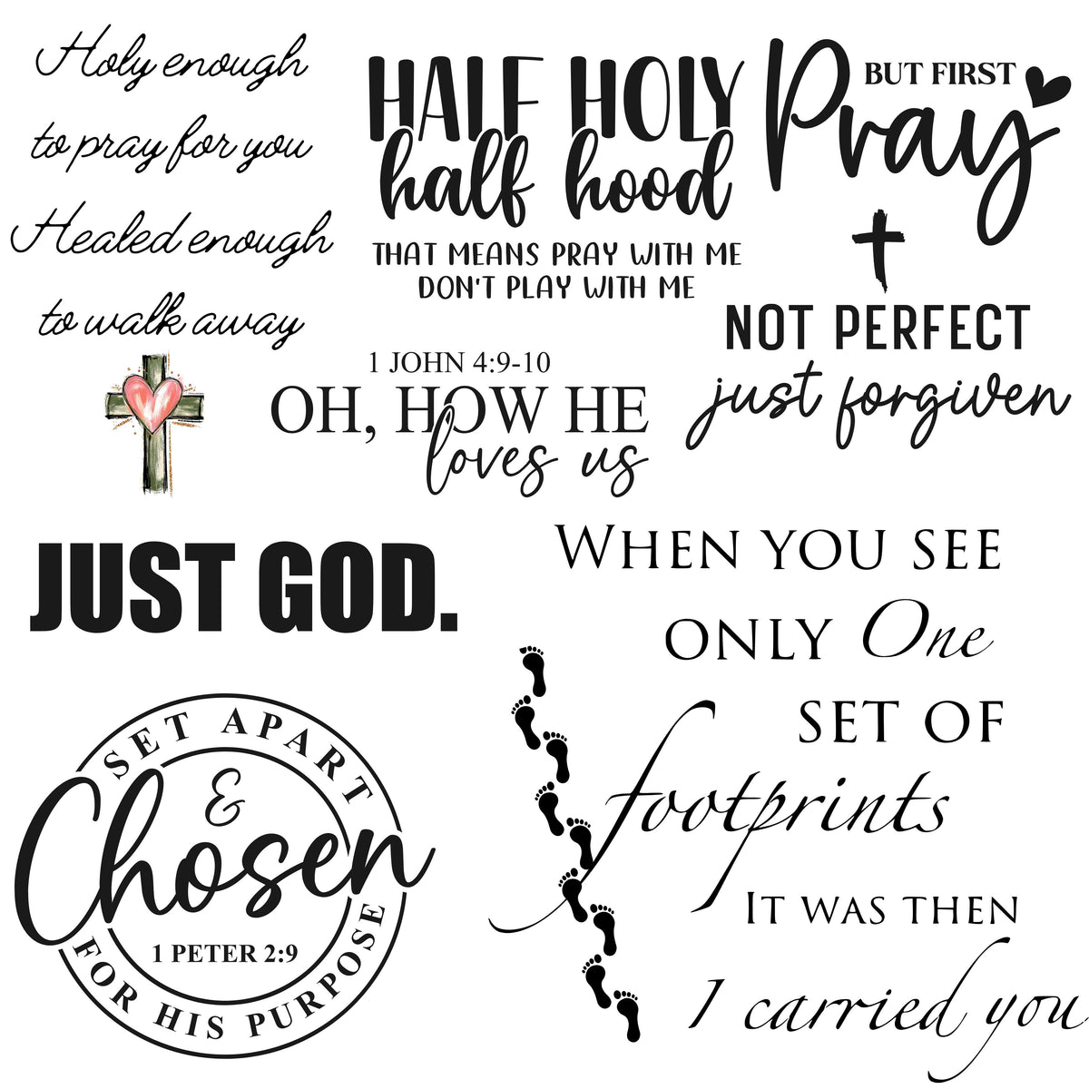Religious Sayings Black  UV DTF Decal sheet- 3 Styles 10x10 sheets