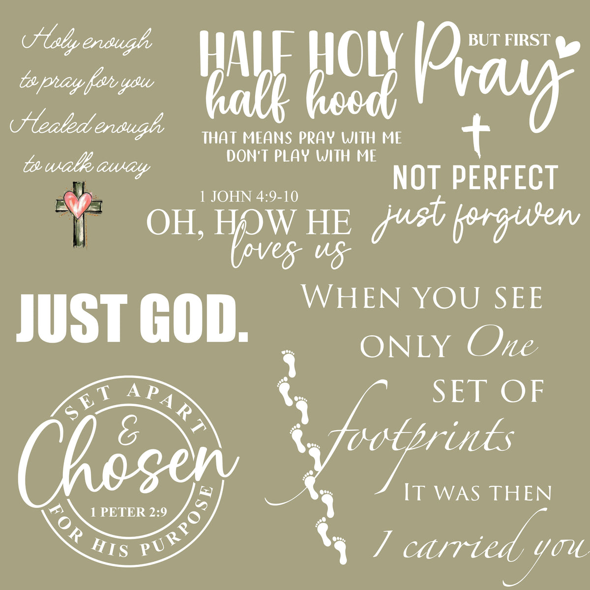 Religious Sayings white  UV DTF Decal sheet- 3 Styles 10x10 sheets