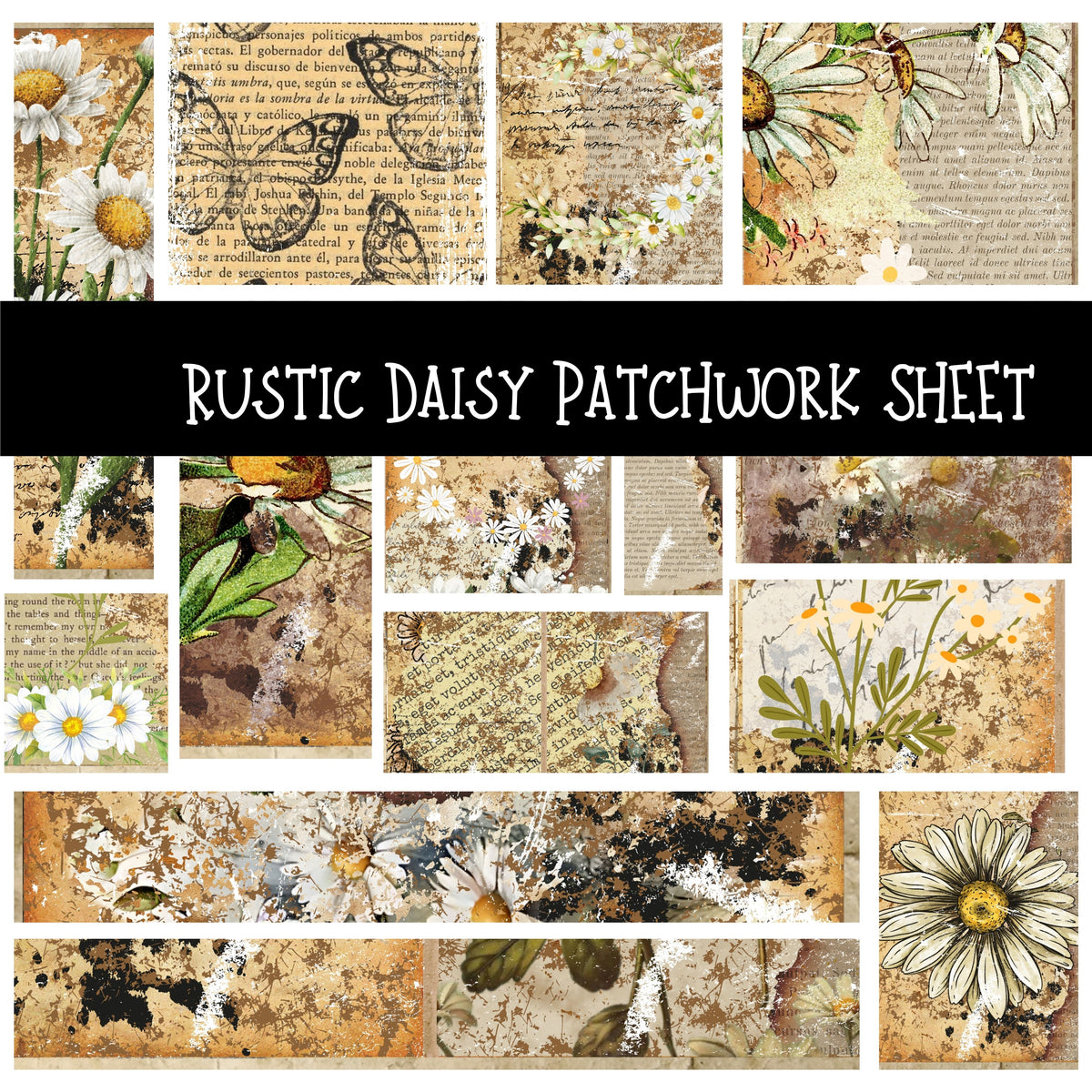 Rustic Daisies Patchwork precut vinyl sheet available in 12x12 or 6x6 sizes