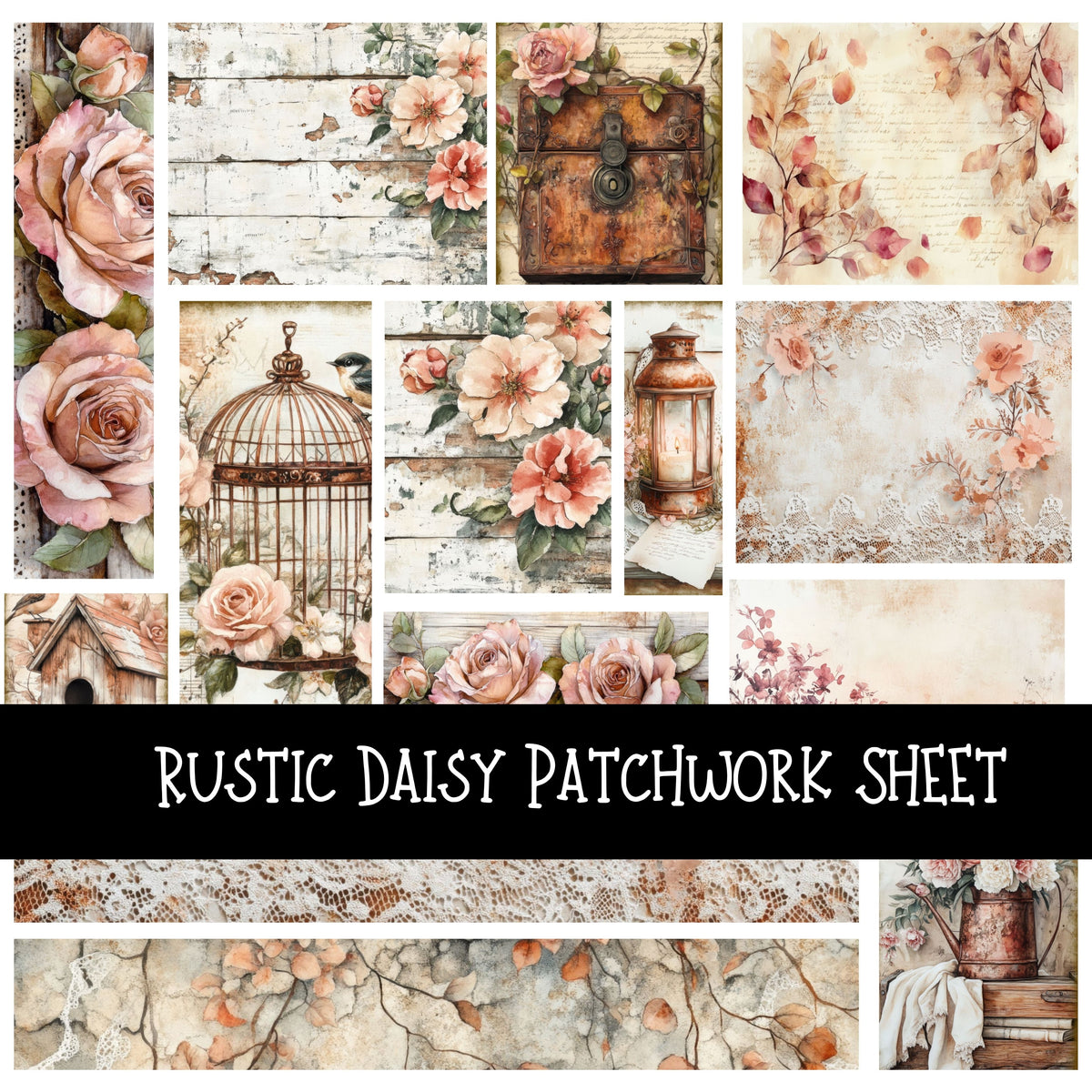 Rustic Rose Garden Patchwork precut vinyl sheet available in 12x12 or 6x6 sizes