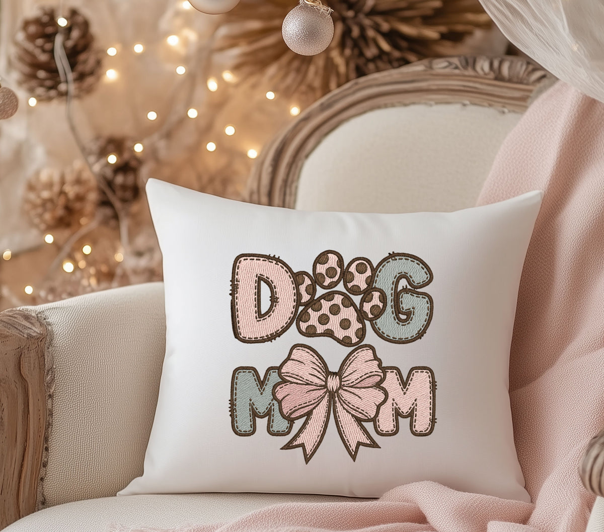 Dog Mom Bow Faux Embroidery DTF Transfers for pillows and towels