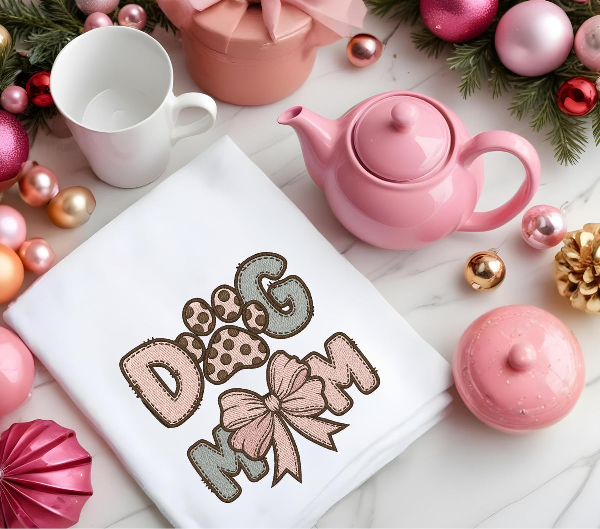 Dog Mom Bow Faux Embroidery DTF Transfers for pillows and towels