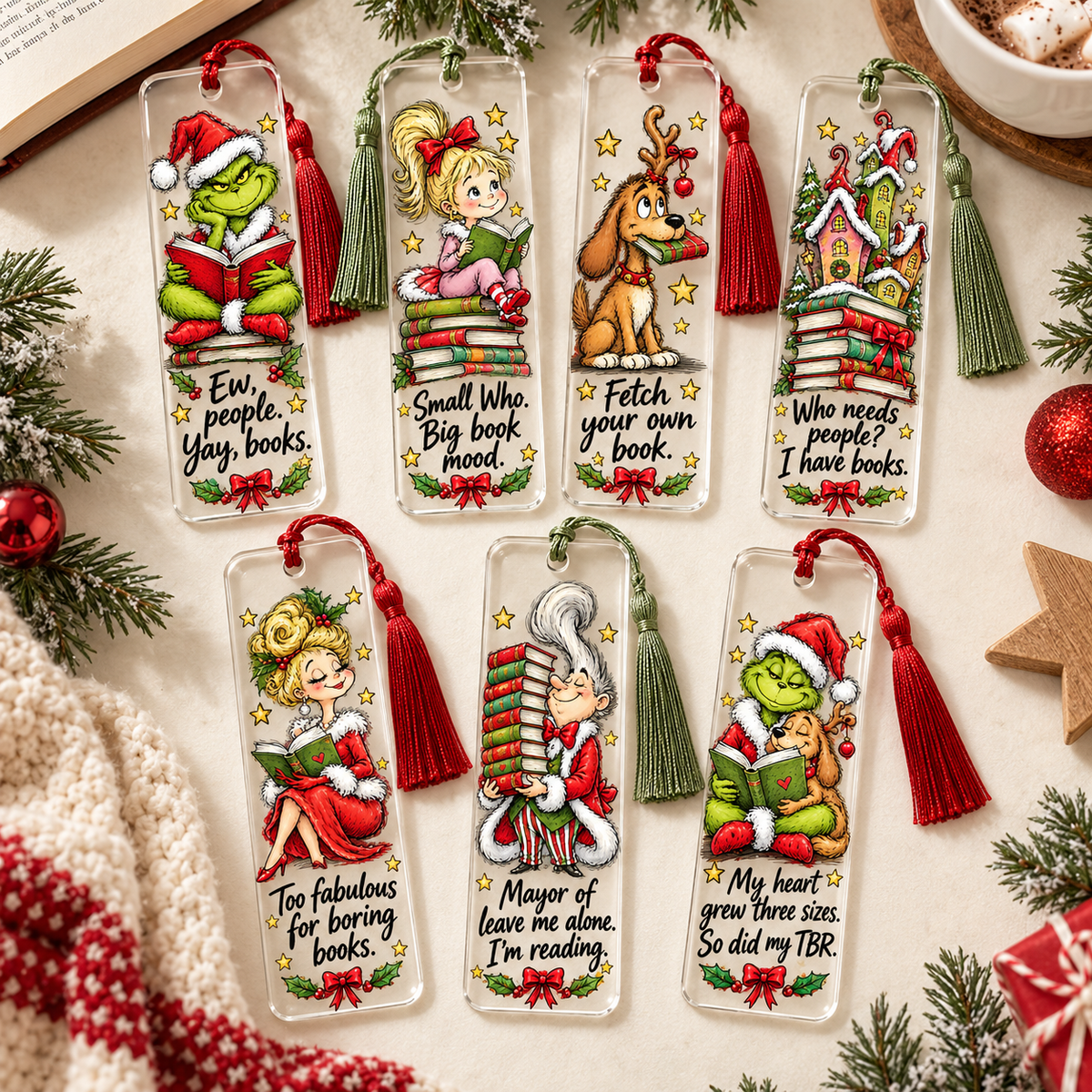 Grinch Bookmark UV DTF Decal sheet- set of 7 Designs