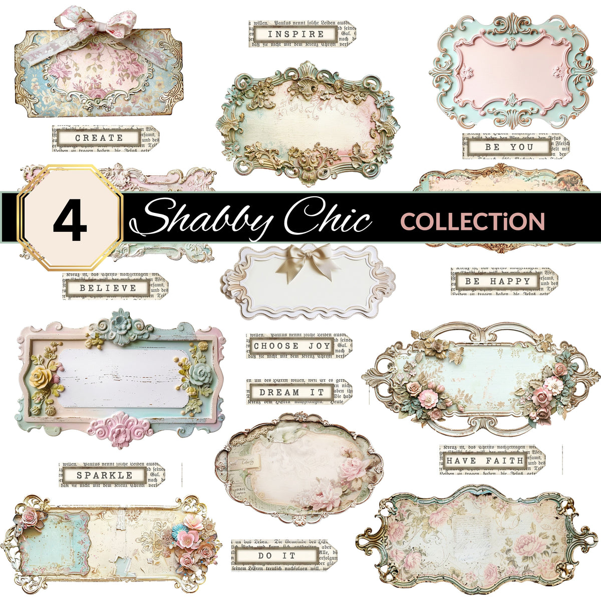Shabby Chic UV DTF Decal Sheets 4 Designs