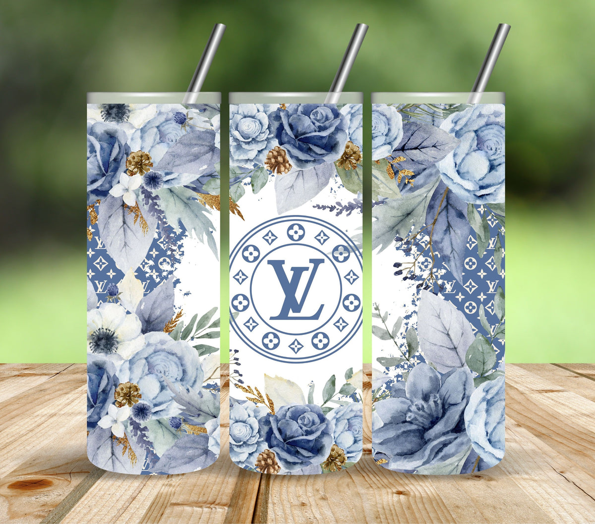Designer  Floral Blue Vinyl tumbler wraps