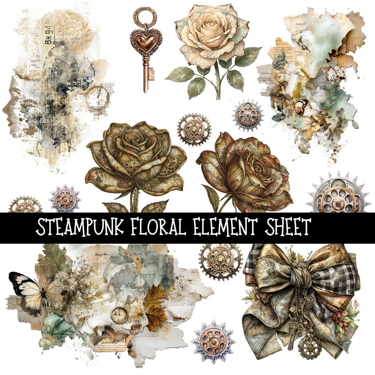 Steampunk Floral Element UV DTF Decal sheets