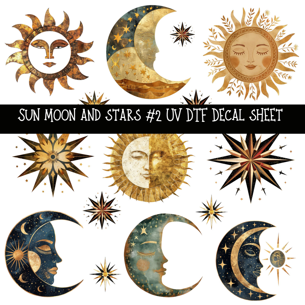 Sun Moon and Stars  UV DTF Decal sheets 3 Design Options