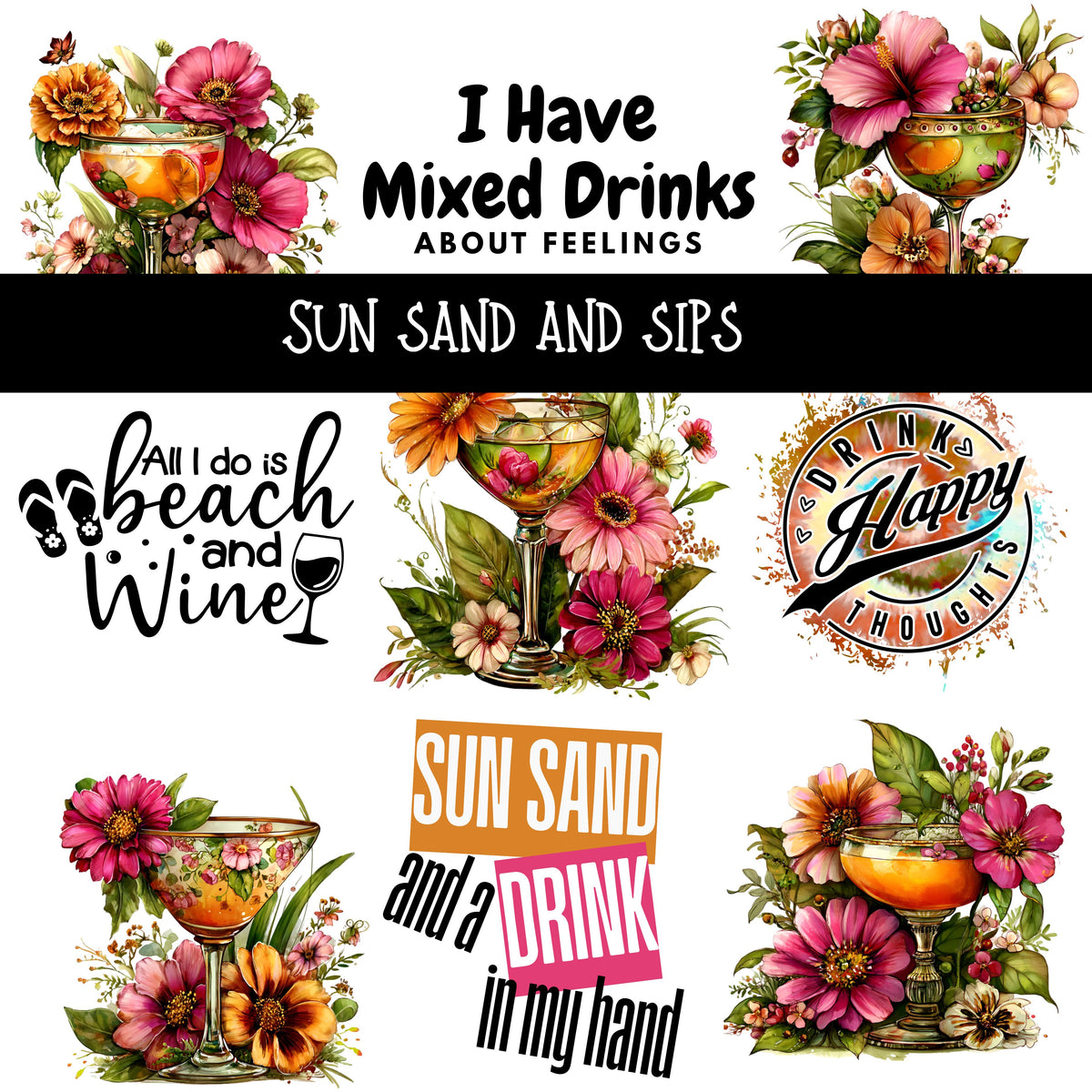 Sun Sand and Sips UV DTF Decal sheet