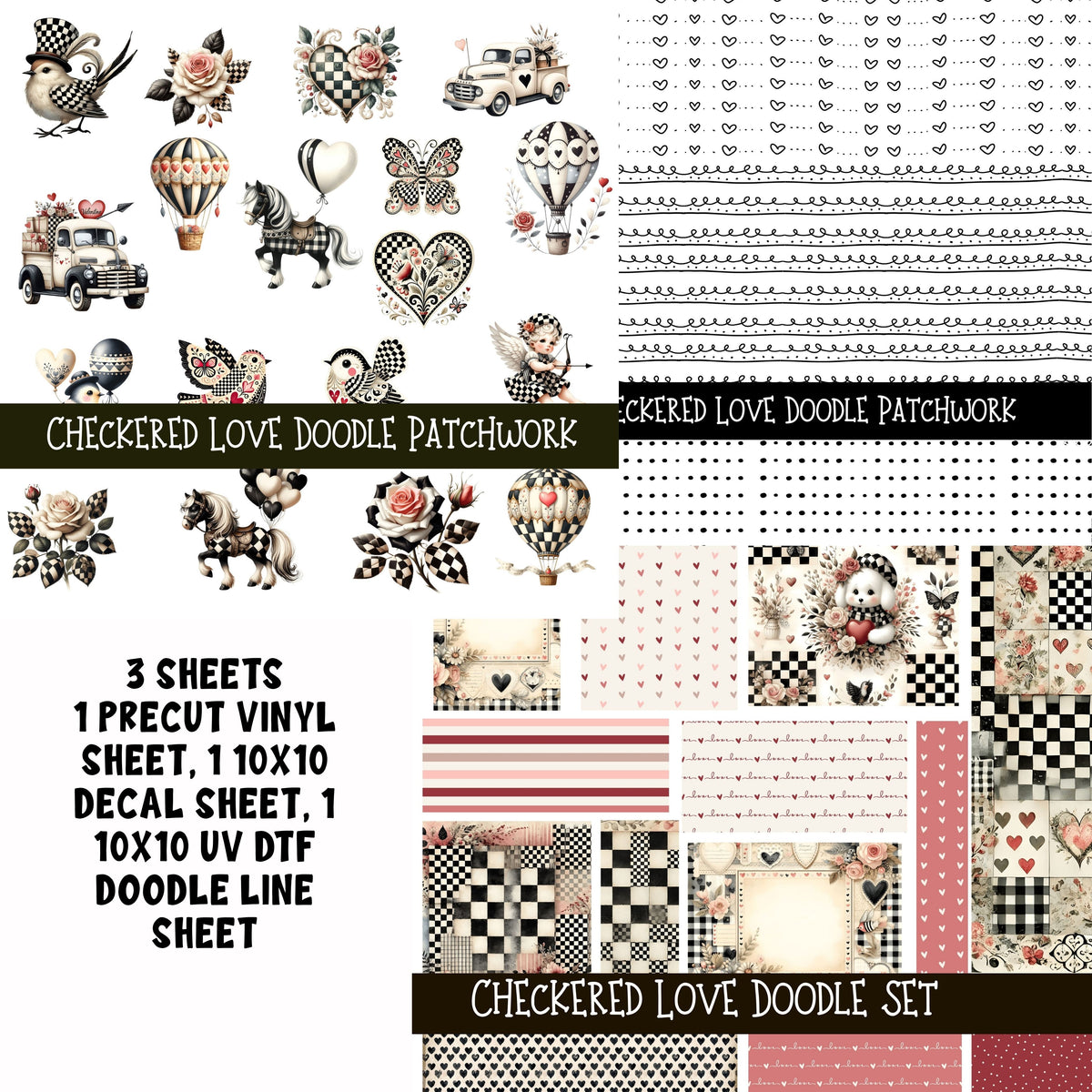 Checkered Love Doodle Patchwork Set