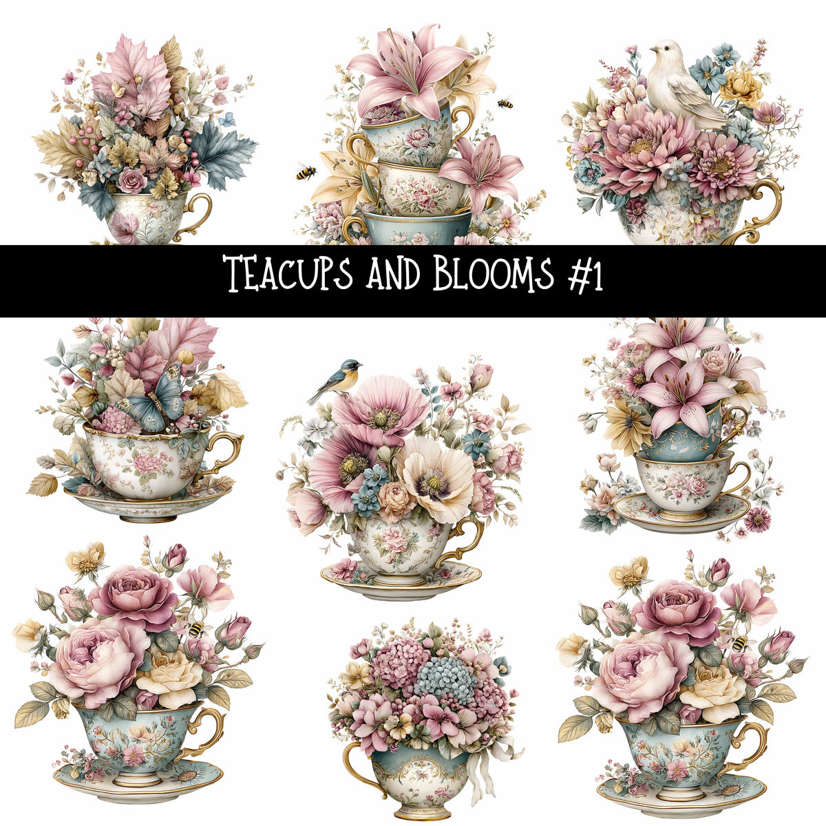 Teacups and Blooms UV DTF Decal sheets 2 design Options available